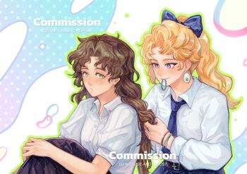 2girls :/ alternate_costume anne_(reverse:1999) black_skirt blonde_hair blonney blue_bow blue_necktie blue_skirt bow brown_hair collared_shirt commission earrings green_eyes hair_bow hair_tie hair_tie_in_mouth highres holding holding_another&#039;s_hair holding_hair_tie hugging_own_legs jewelry long_hair mouth_hold multiple_girls mummeemeemama necktie reverse:1999 shirt short_sleeves skirt tying_another&#039;s_hair upper_body watermark white_background