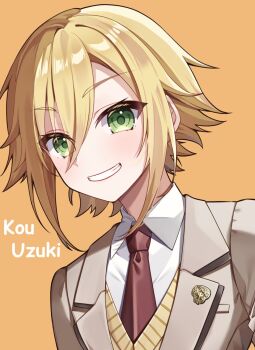 1boy blazer blonde_hair blush brown_jacket brown_necktie character_name collared_shirt flipped_hair green_eyes grin hair_between_eyes highres itoi_toi jacket looking_at_viewer male_focus necktie nijisanji orange_background school_emblem school_uniform shirt short_hair sidelocks simple_background smile solo sweater_vest upper_body uzuki_kou uzuki_kou_(3rd_costume) virtual_youtuber white_shirt yellow_sweater_vest