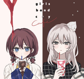 Rule 34 | 2girls, black shirt, blue eyes, blush, brown hair, cardigan, closed mouth, commentary, copyright name, drinking straw, drinking straw in mouth, girls band cry, grey eyes, grey hair, hamchan69, iseri nina, kawaragi momoka, long hair, long sleeves, low twintails, multicolored hair, multiple girls, nail polish, red nails, roots (hair), shirt, short hair, short twintails, sleeves past wrists, twintails, upper body, white cardigan