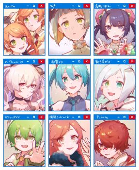3boys 6+girls :3 anon_(vocaloid) apron aqua_eyes aqua_hair aqua_necktie bandaid bandaid_on_face bandaid_on_nose bare_shoulders black_gloves blunt_bangs cevio character_name chart chis-a choker coat collarbone commentary detached_sleeves expressionless fingerless_gloves flower_(vocaloid) flower_(vocaloid3) fukase fur_trim gloves green_eyes green_hair grey_shirt hair_ornament hair_over_one_eye half_gloves hand_up hatsune_miku heterochromia highres kanon_(vocaloid) looking_at_viewer mi_no_take multiple_boys multiple_girls necktie one_eye_covered open_mouth orange_hair parted_lips pink_hair portrait purple_eyes purple_hair red_hair red_necktie ryuuto_(vocaloid) scar scar_on_neck sf-a2_miki shirt short_hair siblings side_ponytail sisters smile star_(symbol) teeth tone_rion twins twintails upper_teeth_only utatane_piko vocaloid w white_coat white_hair window_(computing)