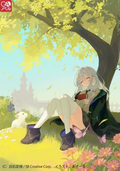 1girl absurdres ahoge azuuru black_boots black_skirt boots bug butterfly closed_mouth coat collared_shirt commentary_request cover cover_image elaina_(majo_no_tabitabi) falling_leaves fold-over_boots grey_hair high_heels highres insect leaf majo_no_tabitabi necktie novel_illustration official_art open_clothes open_coat parted_lips rabbit school_uniform second-party_source shirt sitting skirt sleeping solo thighhighs tree white_thighhighs