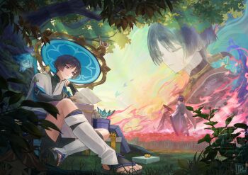 400_fb 4boys animal animal_on_head animal_on_shoulder apparition aranara_(genshin_impact) ararycan_(genshin_impact) armor artist_name belt bird bird_on_head bird_on_shoulder black_belt black_bodysuit black_bridal_gauntlets black_hair black_kimono black_sandals black_shorts blue_cape blue_hair blue_hat blue_kimono blue_sleeves blunt_ends bodysuit box bridal_gauntlets bridal_legwear bright_pupils brown_hat cable cape closed_eyes closed_mouth clothing_cutout commentary covered_collarbone english_commentary eyelashes eyeliner eyeshadow facing_another facing_away facing_to_the_side field finch fingernails flashback flower flower_field full_body genshin_impact gift gift_box gold gold_ring grass green_sky grey_pants hands_up hat highres holding holding_letter holding_paper ichimegasa japanese_armor japanese_clothes jewelry jingasa juban kariginu kimono knee_up kote kurokote kuronushi_(genshin_impact) layered_sleeves leaf leg_warmers letter long_sleeves looking_at_another looking_at_object looking_back makeup male_focus mandala middle_ring multicolored_hair multiple_boys multiple_persona neck_ring nilotpala_lotus_(genshin_impact) on_head open_clothes open_kimono outdoors pants paper pelvic_curtain plant purple_eyes purple_rope purple_sash purple_sleeves red_eyeliner red_eyeshadow red_flower red_kimono red_sash red_sleeves rope sandals sash scaramouche_(genshin_impact) scaramouche_(kabukimono)_(genshin_impact) short_sleeves shorts shoulder_cutout shoulder_peek sitting sky smile spider_lily stirrup_legwear streaked_hair tilted_headwear toeless_legwear toenails toes tree tsurime wanderer_(genshin_impact) watermark white_kimono white_leg_warmers white_pants white_pupils white_sleeves wide_sleeves zouri