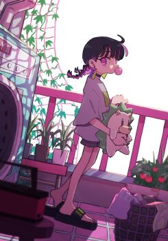 Rule 34 | 1girl, black choker, black hair, black sandals, black shorts, blowing bubble gum, blunt bangs, braid, chewing gum, choker, colored inner hair, commentary request, dutch angle, ear tag, earrings, full body, grey shirt, hedgehog, highres, jewelry, loku, low twin braids, multicolored hair, nira-chan, nira-chan (obenkyou shitoiteyo) (zutomayo), obenkyou shitoiteyo, pink eyes, pink hair, sandals, shirt, short hair, shorts, slides, solo, twin braids, uniguri (zutomayo), washing machine, zutto mayonaka de ii no ni