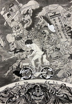 absurdres akki_rasetsu bicycle bicycle_basket cat commentary_request demon_parade extra_eyes flag greyscale highres horror_(theme) horse lantern monochrome riding riding_bicycle skull traditional_media traditional_youkai