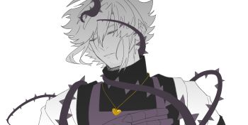 1boy alternate_universe armor black_sweater chara_(undertale) chinese_commentary clenched_teeth closed_eyes colored_skin commentary_request double-parted_bangs facial_mark flipped_hair gloves gold_necklace hair_between_eyes hanbaobaobaozhu hand_on_own_chest hand_up hatching_(texture) heart heart_necklace highres jacket jewelry male_focus necklace open_clothes open_jacket parted_lips plant portrait purple_gloves scar scar_across_eye scar_on_face short_hair sidelocks simple_background solo sweater teeth thorns turtleneck turtleneck_sweater u_u undertale utdr_(toby_fox) vines white_background white_hair white_jacket white_skin xtale