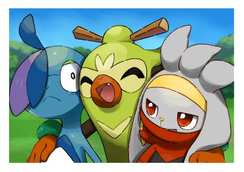 3boys :< ^_^ absurdres ahoge arm_around_shoulder black_eyes black_fur blue_hair blue_skin blue_sky blurry blurry_background blush body_fur border bright_pupils brown_fur buck_teeth closed_eyes closed_mouth colored_skin constricted_pupils day drizzile fang furry furry_male gen_8_pokemon grass green_fur green_hair grey_fur hair_ornament hair_over_one_eye hair_stick happy highres light_blush looking_at_another looking_to_the_side male_focus minamo_(pixiv17726065) monkey_boy multicolored_hair multiple_boys nintendo one_eye_covered open_mouth outdoors pokemon pokemon_(creature) purple_hair rabbit_boy rabbit_ears raboot red_eyes red_fur reptile_boy short_hair sky smile split_mouth standing starter_pokemon_trio teeth thwackey topknot tree two-tone_hair upper_body white_border white_pupils white_skin