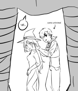 1boy 2girls alien_stage ascot bandages commentary dress english_text fangs halloween halloween_costume hat highres ivan_(alien_stage) kusaii_09 long_hair mizi_(alien_stage) multiple_girls pants sketch sua_(alien_stage) vampire_costume witch witch_hat