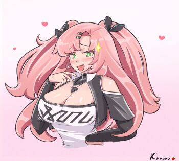 1girl :d artist_name bare_shoulders black_jacket black_ribbon clothing_cutout commentary cropped_torso fang gradient_background green_eyes hair_ornament hair_ribbon hairclip highres jacket kanarushino long_hair long_sleeves looking_at_viewer nicole_demara open_clothes open_jacket open_mouth pink_background pink_hair ribbon shoulder_cutout signature smile solo sparkle strapless tube_top two_side_up upper_body very_long_hair zenless_zone_zero