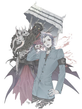 1boy arm_up armband black_nails black_shirt blue_coat blue_hair bone bracelet buttons coat collared_coat commentary hades_(persona_2) hand_on_own_hip hashtag-only_commentary highres horns jewelry kasugayama_high_school_uniform lipstick long_sleeves looking_at_viewer makeup male_focus mishina_eikichi multiple_rings nail_polish persona persona_2 pointing popped_collar ring ryokuyuu school_uniform shirt simple_background skull solo white_background