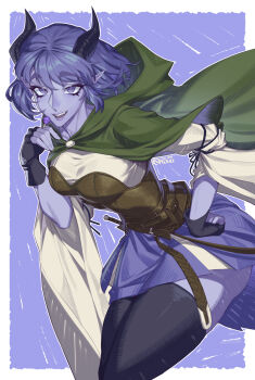 1girl black_gloves black_horns black_thighhighs blue_eyes blue_lips blue_skin breasts candy cape colored_skin commentary critical_role demon_horns dungeons_&amp;_dragons dungeons_&amp;_dragons english_commentary fingerless_gloves food gloves green_cape hand_on_own_hip highres holding holding_candy holding_food holding_lollipop hood hood_down hooded_cape horns jester_lavorre lips lollipop looking_at_viewer medium_breasts open_mouth orouu pointy_ears short_hair smile solo thighhighs thighs tiefling