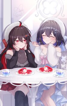 2girls absurdres ahoge bare_shoulders black_hair black_shirt black_thighhighs blue_hair breasts colored_inner_hair commentary_request crossed_legs cup dress dual_persona food food_in_mouth fork hat highres holding holding_fork honkai_(series) honkai_impact_3rd jewelry long_hair medium_breasts multicolored_hair multiple_girls necklace red_eyes red_hair red_skirt rinna_(xxrinna) seele_(alter_ego) seele_vollerei shirt short_hair sitting skirt smile table thighhighs thighs two-tone_hair very_long_hair white_dress white_hat