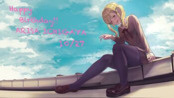 1girl bang_dream! black_pantyhose blonde_hair breasts brown_hair brown_shoes clip_studio_paint_(medium) cloud commentary_request dated dress hair_ornament happy_birthday highres ichigaya_arisa large_breasts loafers long_hair long_sleeves making-of_available pantyhose red_ribbon ribbon sailor_collar sailor_dress shoes sitting sky solo sunnysalt_08 twintails v white_sailor_collar x_hair_ornament