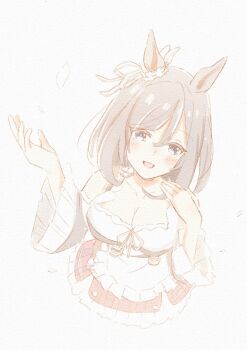 1girl animal_ears black_hair blue_eyes blush bob_cut bodice breasts cleavage collarbone commentary_request detached_sleeves dirndl ear_ornament ear_scrunchie eishin_flash_(meisterschaft)_(umamusume) eishin_flash_(umamusume) german_clothes hair_between_eyes hakugitsu highres horse_ears horse_girl large_breasts looking_at_viewer open_mouth scrunchie short_hair simple_background skirt smile solo striped_clothes striped_skirt umamusume vertical-striped_clothes vertical-striped_skirt white_scrunchie