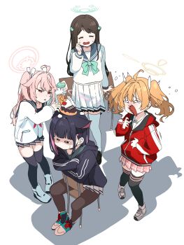 4girls absurdres after-school_sweets_club_(blue_archive) ahoge airi_(blue_archive) animal_ears black_hair blonde_hair blue_archive blush cardigan cat_ears cat_girl colored_inner_animal_ears colored_inner_hair extra_ears food-themed_hair_ornament green_halo hair_ornament halo highres holding ice_cream_hair_ornament jacket kazusa_(blue_archive) kogooma long_hair long_sleeves multicolored_hair multiple_girls natsu_(blue_archive) open_mouth pink_hair pink_halo pleated_skirt red_eyes red_jacket ribbon school_uniform serafuku shirt short_hair side_ponytail simple_background skirt smile thighhighs twintails two-tone_hair white_background white_cardigan white_serafuku yellow_halo yoshimi_(blue_archive)