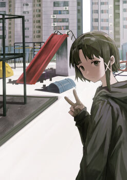 1girl absurdres apartment asymmetrical_hair black_hair black_hoodie building hair_ornament hashtag-only_commentary highres hood hood_down hoodie iwakura_lain light_smile looking_at_viewer outdoors parted_bangs playground serial_experiments_lain short_hair slide solo v x_hair_ornament xiaomai_yorik