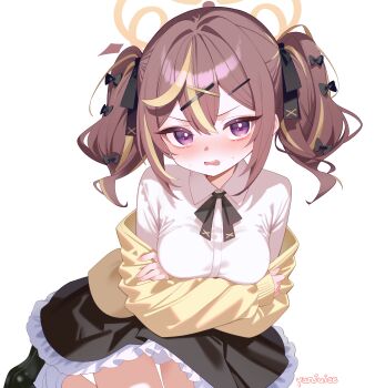 1girl absurdres bag black_ribbon black_skirt blonde_hair blonde_streaks blue_archive blush breasts brown_hair brown_halo brown_shoes cardigan collared_shirt commentary_request fingernails frilled_skirt frills hair_between_eyes hair_ribbon halo highres kneeling long_hair long_sleeves looking_at_viewer medium_breasts multicolored_hair multicolored_halo nail_polish neck_ribbon open_mouth pink_nails purple_eyes rena_(blue_archive) ribbon shirt shoes simple_background single_leg_warmer skirt socks solo streaked_hair sweat twintails two-tone_hair two-tone_halo white_background white_shirt white_socks yellow_bag yellow_cardigan yellow_halo yunjuice