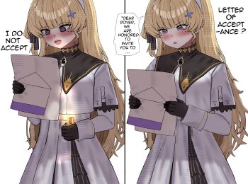 1girl 2na_(blue2na) @_@ absurdres black_gloves blonde_hair blush commentary english_commentary english_text gloves hair_ornament hairband highres holding holding_letter holding_lighter letter lighter long_hair long_sleeves no_headwear open_mouth phoebe_(wuthering_waves) purple_eyes shirt skirt trembling very_long_hair white_hairband white_shirt white_skirt wuthering_waves x_hair_ornament yandere