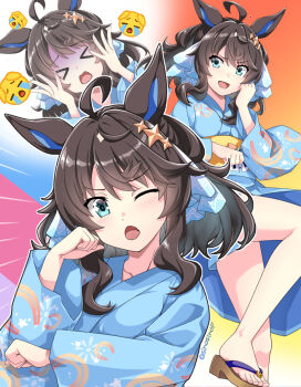 &gt;_&lt; 1girl ahoge alternate_costume animal_ears blue_eyes blush breasts chestnut commentary_request daring_tact_(umamusume) embarrassed emoji geta gloom_(expression) gradient_background grey_background hair_ornament head_rest highres horse_ears horse_girl horse_tail japanese_clothes kimono looking_at_viewer medium_breasts multiple_views one_eye_closed open_mouth pleading_face_emoji shinohara_shinome simple_background smile sweat tail tracen_ondo_(song) tracen_ondo_outfit_(umamusume) twitter_username umamusume yukata