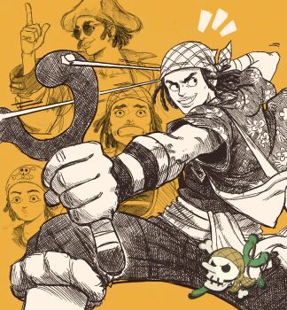 Rule 34 | 1boy, aten man, bandana, dreadlocks, feet out of frame, full body, greyscale, grin, hat, highres, holding slingshot, jolly roger, long nose, male focus, monochrome, multiple views, notice lines, one piece, one piece (live action), open clothes, open shirt, overalls, pirate hat, pointy nose, print shirt, sash, shirt, short hair, short sleeves, skull and crossbones, slingshot (weapon), smile, solo focus, sunglasses, usopp, v-shaped eyebrows, yellow background