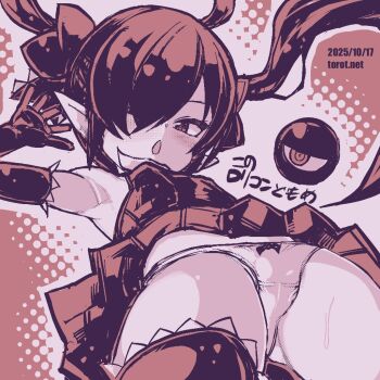 1girl ahoge armpits backbeako_(torotei) backbeard blush bow bow_panties breasts chestnut_mouth commentary dated dated_commentary dress elbow_gloves gegege_no_kitarou gloves hair_over_one_eye hair_ribbon hand_up kono_lolicon_domome loli long_hair looking_at_viewer monochrome one_eye_closed open_mouth original paid_reward_available panties pointy_ears red_background red_theme ribbon simple_background sleeveless sleeveless_dress small_breasts solo sweat thighhighs torotei translated twintails underwear upskirt watermark web_address