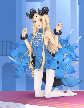 1girl abigail_williams_(celebratory_attire)_(fate) abigail_williams_(fate) absurdres bare_shoulders blonde_hair blue_dress blush bow bracelet breasts dress fate/grand_order fate_(series) forehead highres horns jewelry keyhole kneeling long_hair looking_at_viewer open_mouth pantyhose parted_bangs red_eyes small_breasts smile solo tentacles white_pantyhose yossyzero