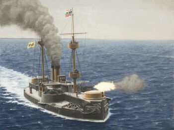 acrylic_paint_(medium) atelier_bono cannon cruiser dingyuan_(cruiser) firing first_sino-japanese_war flag highres imperial_chinese_navy mast military_vehicle ocean original overcast painting_(medium) qing_dynasty ship ship_turret sky smokestack traditional_media warship watercraft