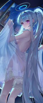 1girl absurdres bare_back bare_shoulders blue_archive blunt_ends breasts commentary completely_nude grey_hair halo high_ponytail highres josal long_hair looking_at_viewer looking_back mechanical_halo median_furrow medium_breasts noa_(blue_archive) nude ponytail purple_hair shoulder_blades smile solo thighs very_long_hair