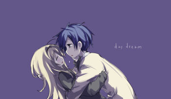 1boy 1girl black_sweater blonde_hair blue_hair brother_and_sister chaos;head closed_eyes crying crying_with_eyes_open english_text face-to-face facing_another from_side half-closed_eyes hand_on_another&#039;s_cheek hand_on_another&#039;s_face highres hug long_hair long_sleeves looking_at_another mamimu_(ma-mi-mu.me) nishijou_nanami nishijou_takumi open_mouth profile purple_background sad_smile science_adventure short_hair siblings simple_background smile sweater tears upper_body