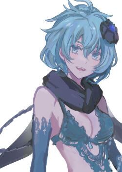 1girl blue_bra blue_eyes blue_gloves blue_hair blue_scarf bra breasts cleavage commentary drag-on_dragoon drag-on_dragoon_3 elbow_gloves flower gloves hair_between_eyes hair_flower hair_ornament highres lingerie looking_at_viewer medium_breasts miichinori open_mouth scarf short_hair simple_background solo teeth two_(drag-on_dragoon) underwear upper_body upper_teeth_only white_background