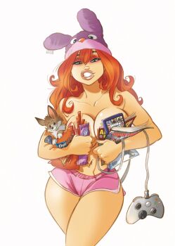 animal_hat brown_eyes controller dog doritos hat highres pedro_perez rabbit_hat red_hair shorts thick_lips trizia_(pedro_perez) video_game