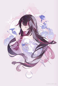 1girl absurdres artist_name bare_shoulders black_hair chinese_commentary closed_eyes colored_inner_hair columbina_(genshin_impact) commentary_request dress eye_mask flower genshin_impact highres long_hair low-tied_sidelocks mask miyoushe_watermark morning_glory multicolored_hair pink_hair sidelocks solo streaked_hair upper_body watermark white_dress yecangshu
