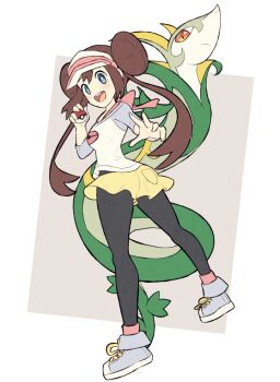 1girl :d black_pantyhose blue_eyes blue_footwear blue_shirt blue_sleeves blush bow breasts brown_hair double_bun dutch_angle from_behind full_body gen_5_pokemon gonzarez grey_background hair_bun hand_up highres holding holding_poke_ball kneepits long_hair looking_at_viewer looking_back medium_breasts nintendo open_mouth outstretched_hand pantyhose pantyhose_under_shorts pink_bow pink_headwear pink_pantyhose pocket poke_ball poke_ball_(basic) poke_ball_print pokemon pokemon_(creature) pokemon_bw2 print_shirt raglan_sleeves red_eyes rosa_(pokemon) serperior shirt shoelaces shoes short_shorts shorts sidelocks simple_background smile sneakers socks square standing teeth three-quarter_sleeves tongue twintails two-tone_background upper_teeth_only visor_cap white_background white_shirt yellow_shorts