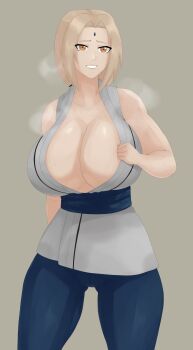 1girl absurdres blonde_hair blue_pants breasts cleavage forehead_jewel grey_background hand_on_own_chest highres hot huge_breasts lofifab low_ponytail naruto_(series) orange_eyes pants ponytail simple_background sleeveless smile solo steam steaming_body sweat teeth tsunade_(naruto)
