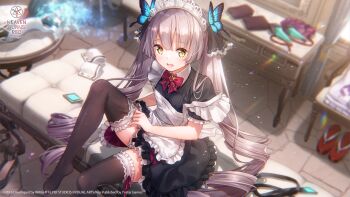 Rule 34 | 1girl, adjusting clothes, adjusting legwear, apron, black dress, black ribbon, black thighhighs, blunt bangs, blunt ends, blurry, blurry background, blush, bow, bowtie, breasts, brown hair, butterfly hair ornament, commentary, copyright logo, copyright notice, couch, diamond-shaped pupils, diamond (shape), dress, dressing, drill hair, dutch angle, english commentary, eyelashes, foot out of frame, frilled apron, frilled dress, frilled sleeves, frilled thighhighs, frills, gun, hair ornament, hair over shoulder, hair ribbon, heaven burns red, highres, indoors, knee up, lace, lace-trimmed ribbon, lace trim, light particles, logo, long hair, looking at viewer, maid, maid apron, maid headdress, no shoes, official alternate costume, official alternate hairstyle, official art, official wallpaper, ogasawara hisame, ogasawara hisame (angelic genius swordswoman), on couch, open mouth, puffy short sleeves, puffy sleeves, red bow, red bowtie, red pupils, ribbon, short dress, short sleeves, sidelocks, sitting, small breasts, solo, strap slip, sunlight, symbol-shaped pupils, thighhighs, thighs, toes, twintails, very long hair, weapon, white apron, yellow eyes, zettai ryouiki