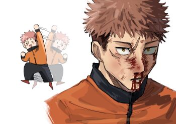 1boy blood blood_on_face chibi commentary_request gjakxk happy highres itadori_yuuji jacket jujutsu_kaisen korean_commentary male_focus pink_hair scar smile solo spiked_hair upper_body