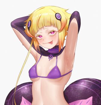 1girl aegyo_sal armpits arms_behind_head arms_up bikini blonde_hair blunt_bangs breasts capella_emerada_lugnica colored_eyelashes commentary_request fang gradient_hair highres medium_breasts micro_bikini multicolored_hair orange_hair pietrosatou pink_eyes purple_bikini purple_shrug re:zero_kara_hajimeru_isekai_seikatsu short_eyebrows short_hair shrug_(clothing) solo sweat swimsuit tongue tongue_out turtleneck underboob upper_body wavy_mouth