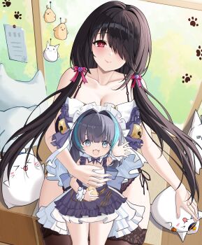 2girls absurdres aged_down aqua_eyes azur_lane black_dress black_hair black_panties black_thighhighs blue_hair blue_streaks blush breasts cleavage collarbone date_a_live dress frilled_hairband frills hair_over_one_eye hair_ribbon hairband highres lace lace-trimmed_thighhighs lace_trim little_cheshire_(azur_lane) looking_at_viewer low_twintails manjuu_(azur_lane) meowfficer_(azur_lane) multicolored_hair multiple_girls official_alternate_costume panties red_eyes red_ribbon ribbon side-tie_panties sitting streaked_hair thighhighs tokisaki_kurumi tokisaki_kurumi_(twin_rose) twintails underwear white_hairband zbfmkc