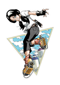 Rule 34 | 1girl, :d, aqua eyes, belt, black gloves, black hair, black pants, blue sky, boots, brown belt, city, cloud, commentary request, dragon ball, dragonball z, fingerless gloves, full body, gloves, hair tubes, highres, looking back, looking to the side, low twintails, metal hair tubes, mikidai7, open mouth, orange boots, pants, rocket boots, shirt, sky, smile, solo, studded belt, twintails, velcro footwear, videl, white shirt