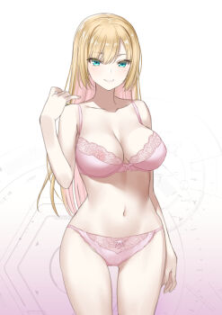 1girl absurdres bare_arms bare_shoulders blonde_hair blue_eyes body_(bacoborn) bow bow_bra bow_panties bra breasts cleavage collarbone gradient_background hair_between_eyes hand_up highres looking_at_viewer medium_breasts multicolored_hair navel original panties pink_background pink_bra pink_hair pink_panties smile solo two-tone_hair underwear underwear_only white_background