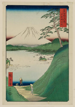 19th_century 3boys ando_hiroshige blue_kimono blue_sky clear_sky facing_away fine_art_parody gradient_sky hat highres hill island japan japanese_clothes kimono lake looking_at_another mount_fuji mountain multiple_boys nihonga original outdoors parody path red_kimono red_sky road scenery sky straw_hat thirty-six_views_of_mount_fuji_(hiroshige) traditional_media translation_request tree ukiyo-e volcano walking white_sky