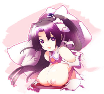 Rule 34 | 1girl, black hair, breast rest, breasts, breasts on tray, carried breast rest, carrying, cleavage, clothing cutout, elbow gloves, from side, gloves, hair ribbon, highres, holding, holding tray, large breasts, long hair, looking at viewer, nipples, open mouth, original, parted bangs, purple eyes, ribbon, shoulder cutout, sidelocks, simple background, smile, solo, tamahagane, teeth, tray, twintails, upper body, upper teeth only, very long hair, white background, white gloves