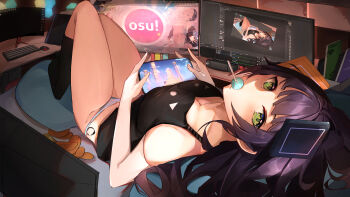 1girl absurdres animal_print ayu_(user_xkhp7843) black_socks breasts cat_print cellphone cleavage computer_keyboard computer_mouse genshin_impact green_eyes highres holding holding_phone legs legs_together lollipop_in_mouth looking_at_viewer loungewear monitor open_broadcaster_software original osu! panties phone playing_games purple_hair smartphone socks striped_clothes striped_panties underwear white_panties