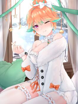 1girl absurdres bare_shoulders between_legs blush breasts cleavage commentary dress fur-trimmed_jacket fur_trim green_hair hair_bun hand_between_legs highres hololive hololive_english indoors jacket lace lace-trimmed_thighhighs lace_trim large_breasts long_hair looking_at_viewer off_shoulder one_eye_closed orange_hair purple_eyes sitting smile solo st-147 takanashi_kiara thighhighs wariza white_dress white_thighhighs window