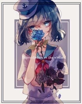 1girl anchor_symbol blue_eyes blue_flower blue_hair blue_rose blue_sailor_collar commentary_request english_text engrish_text flower grey_background hat holding holding_flower looking_at_viewer murasa_minamitsu neckerchief one-hour_drawing_challenge peaked_cap ranguage red_neckerchief rose sailor_collar shinjitsu_no_kuchi shirt short_hair short_sleeves solo touhou upper_body white_background white_hat white_shirt