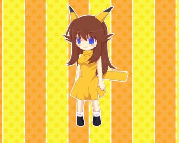 &gt;_&lt; 1girl animal_ears animated animated_gif aokawa_(blue_river) blue_eyes brown_hair closed_eyes cosplay female_focus gen_1_pokemon green_(pokemon) lightning_bolt_symbol long_hair nintendo open_mouth orange_background pikachu pikachu_(cosplay) pokemon pokemon_adventures pokemon_frlg solo star_(symbol) star_symbol_background striped_background suima_(numa) tail yellow_background