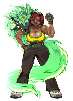 1girl blue_eyes breasts cleavage dark-skinned_female dark_skin drakkaiart female_focus fingerless_gloves full_body giovanna_(guilty_gear) gloves guilty_gear guilty_gear_strive highres huge_breasts looking_at_viewer muscular muscular_female nail_polish red_hair short_hair solo wolf