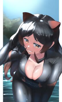 1girl animal_ears black_hair blue_sky breasts cleavage gloves hashtag-only_commentary highres hippopotamus_(kemono_friends) hippopotamus_ears jacket kemono_friends large_breasts leather leather_jacket long_hair looking_at_viewer multicolored_hair outdoors r_(r_gavaaim) red_eyes red_hair sky solo two-tone_hair water