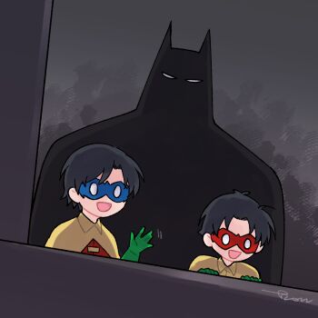 3boys :d batman batman_(series) black_hair brothers bruce_wayne cape child cropped cropped_torso dc_comics deformed dick_grayson domino_mask eye_mask father_and_son happy hwen118 jason_todd mask multiple_boys open_mouth polar_opposites robin_(dc) siblings simple_background smile superhero_costume waving yellow_cape