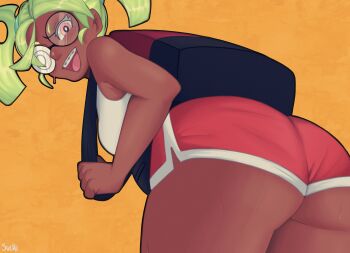 absurdres ass ass_focus backpack bag bent_over braces coke-bottle_glasses colored_eyelashes dark-skinned_female dark_skin dolphin_shorts fanny_pack glasses gradient_hair gunsmith_bitch_(psg) highres multicolored_hair panty_&amp;_stocking_with_garterbelt shorts suchimonix sweatdrop white_eyelashes