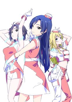 3girls ahoge antenna_hair arm_up armlet armpits arms_up black_eyes black_hair blonde_hair blue_hair blue_necktie bracelet breasts brown_eyes closed_mouth crop_top cropped_jacket dress flat_chest front_slit garrison_cap gloves green_eyes hand_on_own_chin hand_on_own_hip hat highres hoshii_miki idolmaster idolmaster_(classic) idolmaster_million_live! idolmaster_million_live!_theater_days jacket jewelry kikuchi_makoto kisaragi_chihaya large_breasts long_hair looking_at_viewer medium_breasts midriff mini_hat multicolored_jacket multiple_girls navel necktie open_mouth pants see-through_clothes short_hair short_sleeves simple_background sleeveless smile standing taku1122 two-tone_dress two-tone_headwear two-tone_jacket two-tone_pants two-tone_shirt two-tone_shorts voy@ger_(idolmaster) white_background white_gloves